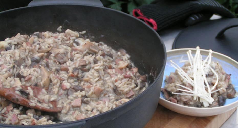 Smoked bacon & mushroom risotto cooked on the Spirit II E-310 gas BBQ